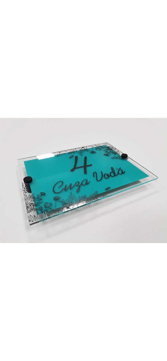Plăcuţă cu număr și/sau adresă casă, model floral, din acril cu text UV personalizat