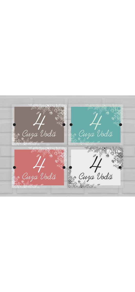 Plăcuţă cu număr și/sau adresă casă, model floral, din acril cu text UV personalizat