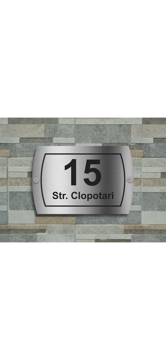Plăcuţă nume și număr stradă, din bond argintiu mat, cu text personalizat prin gravare, modele diverse