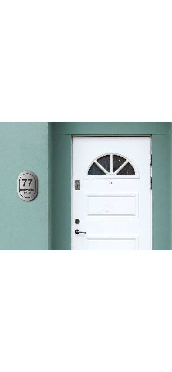Plăcuţă nume și număr stradă, din bond argintiu mat, cu text personalizat prin gravare, modele diverse