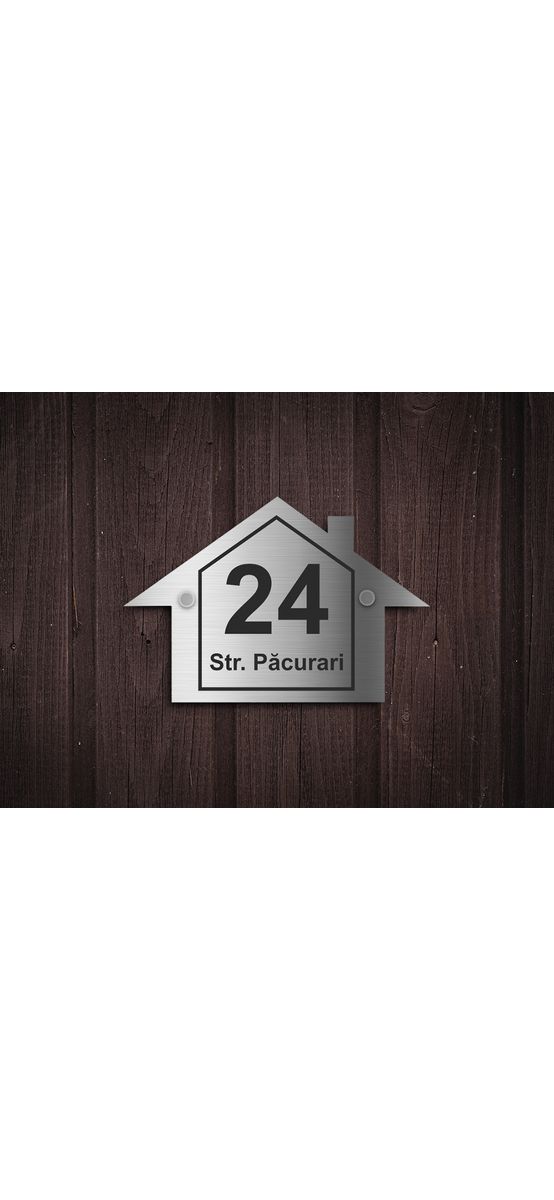 Plăcuţă nume și număr stradă, din bond argintiu mat, cu text personalizat prin gravare, modele diverse