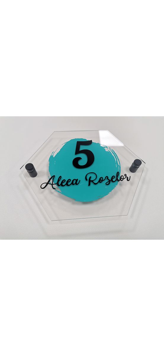 Plăcuţă cu număr și/sau adresă casă, model abstract, din acril și scris din vinil, cu text personalizat