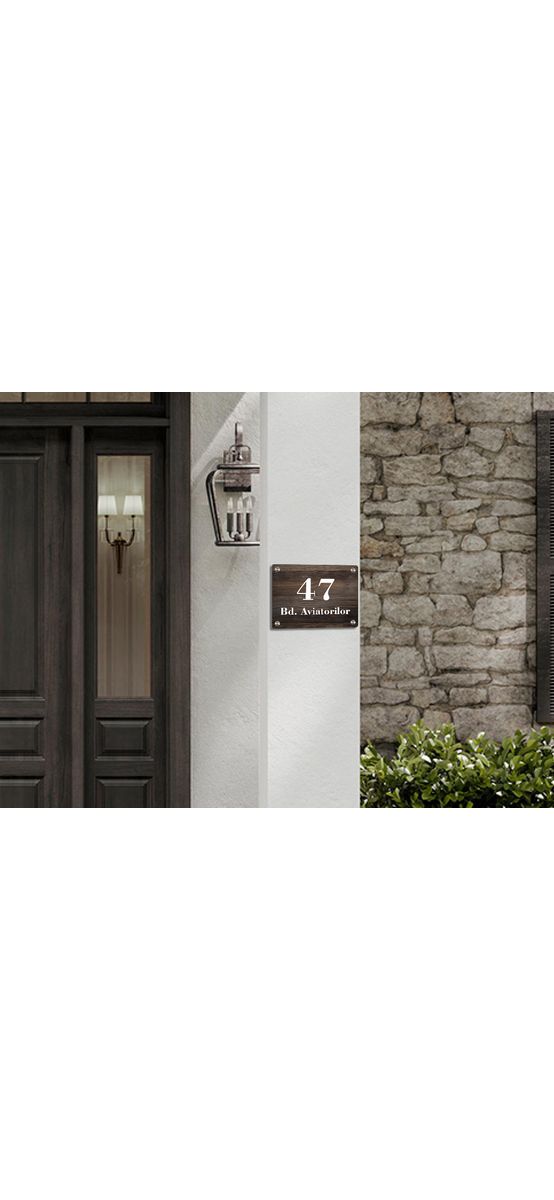 Plăcuţă cu număr și/sau adresă casă, model print lemn, cu text personalizat