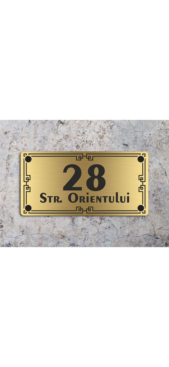 Plăcuţă cu număr și adresă casă, model oriental, din bond auriu, cu text personalizat