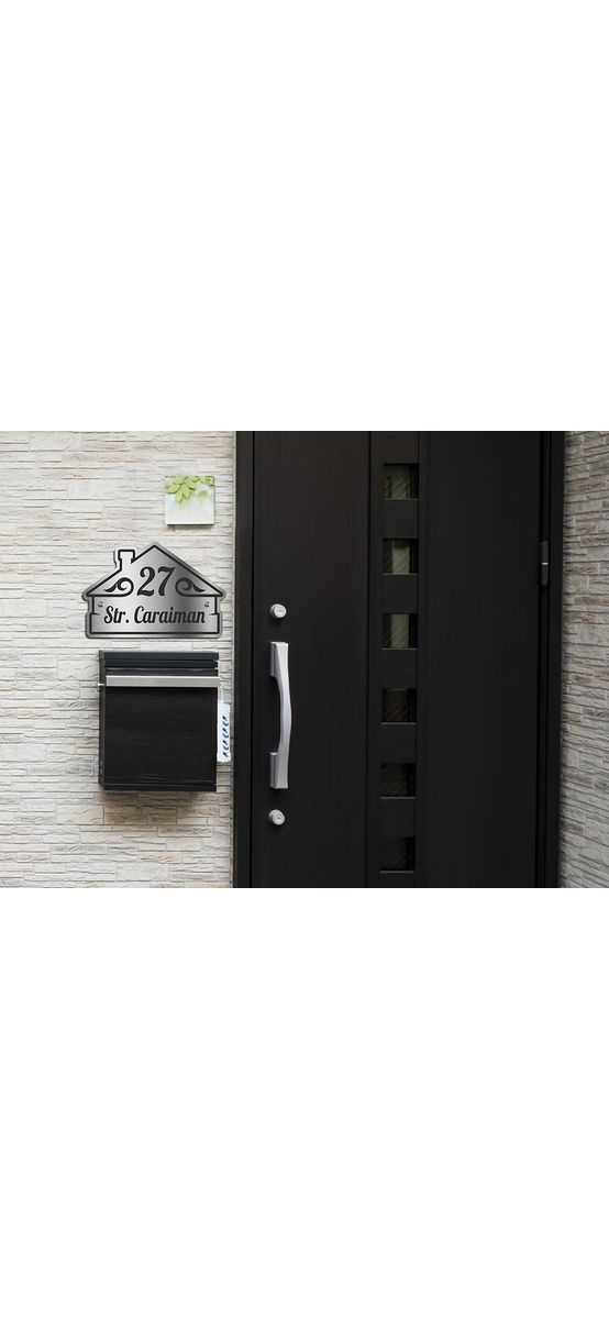 Plăcuţă adresă model Rustic, din bond argintiu mat, cu text personalizat prin gravare