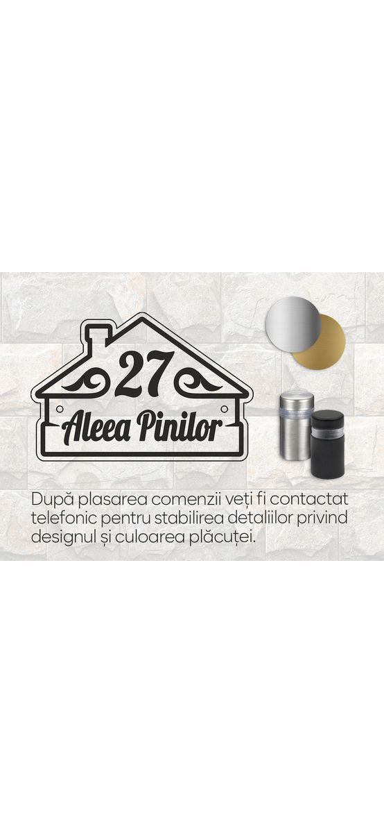 Plăcuţă adresă model Rustic, din bond argintiu mat, cu text personalizat prin gravare