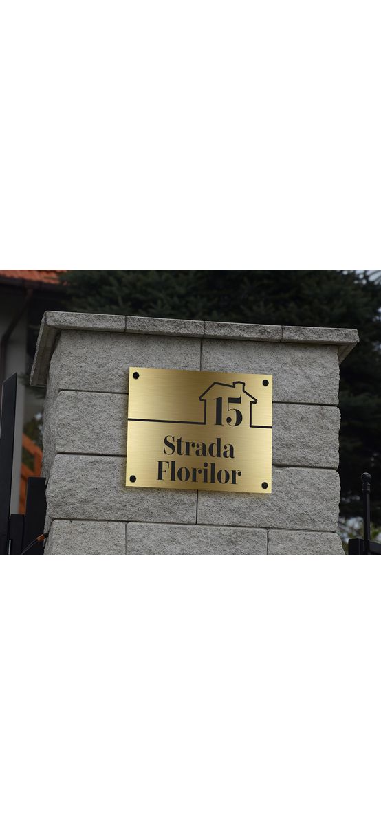 Plăcuţă cu număr și/sau adresă casă, din bond auriu, cu text personalizat