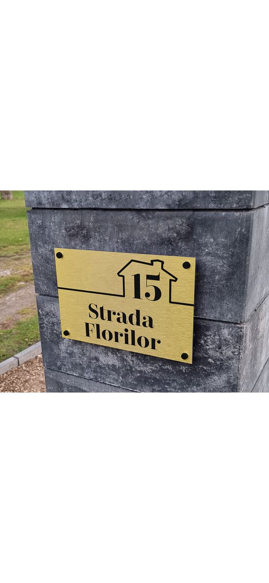 Plăcuţă cu număr și/sau adresă casă, din bond auriu, cu text personalizat
