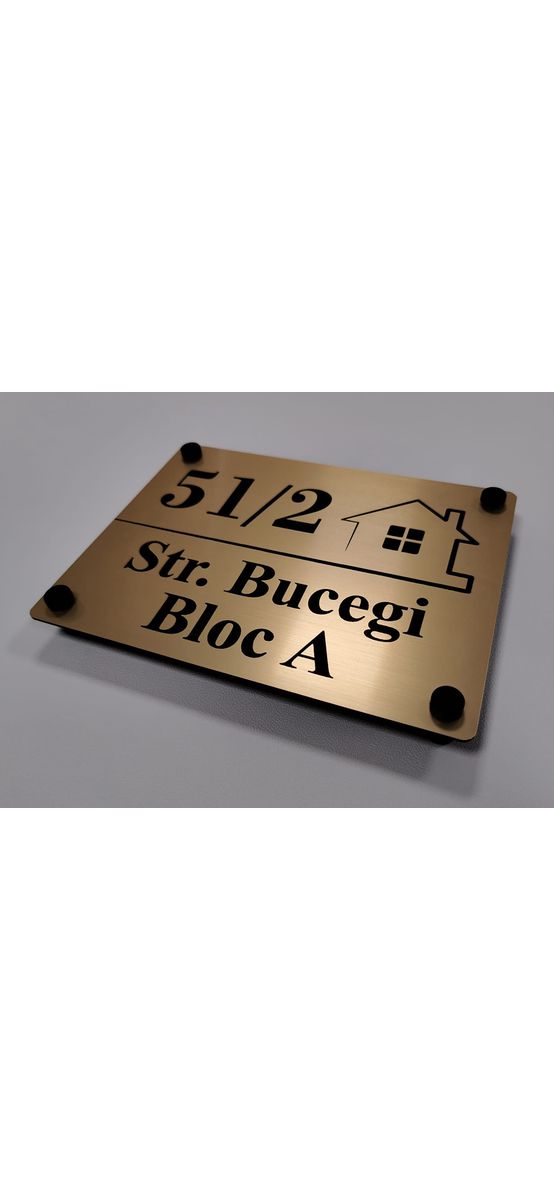 Plăcuţă cu adresă și număr, din bond auriu, cu text personalizat