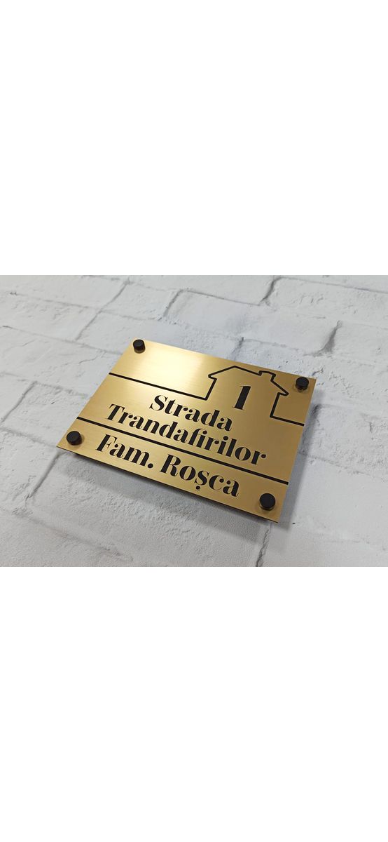 Plăcuţă cu număr și/sau adresă casă, din bond auriu, cu text personalizat