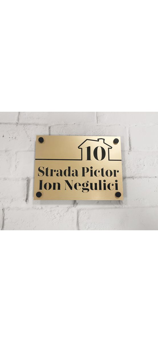 Plăcuţă cu număr și/sau adresă casă, din bond auriu, cu text personalizat