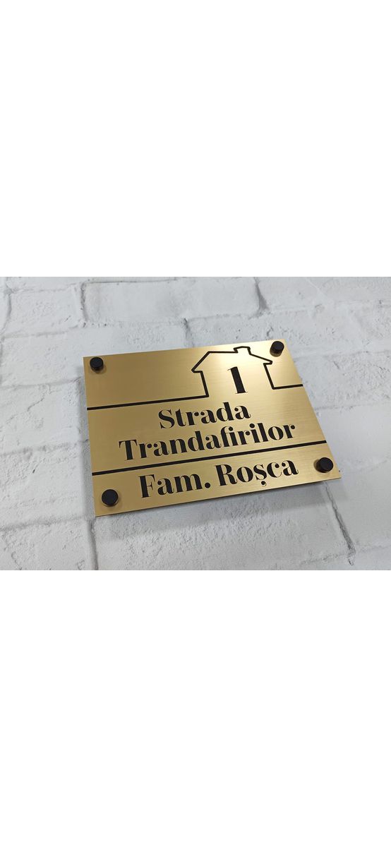 Plăcuţă cu număr și/sau adresă casă, din bond auriu, cu text personalizat