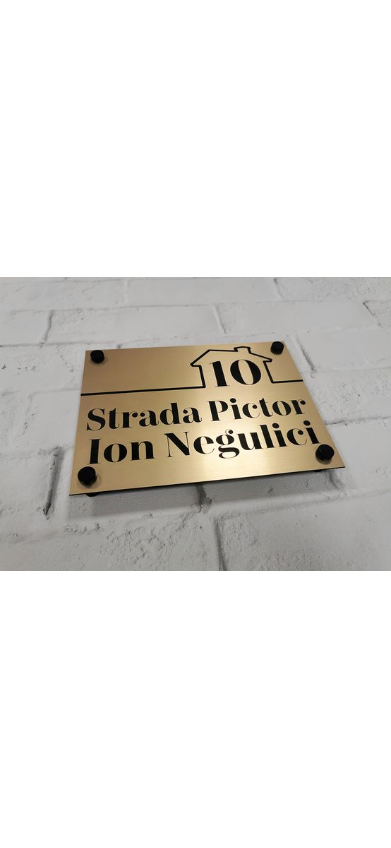 Plăcuţă cu număr și/sau adresă casă, din bond auriu, cu text personalizat