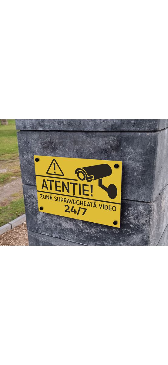 Plăcuță din acril gravată atenționare zonă supravegheată video, distanțiere incluse