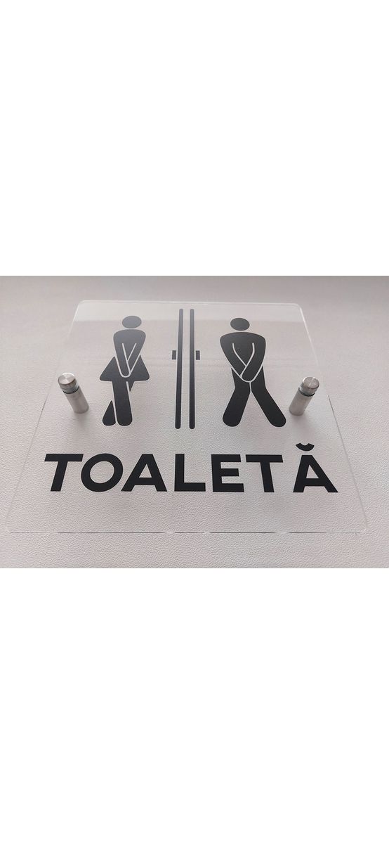 Plăcuță indicatoare pentru toaletă, din acril transparent, dimensiune 20x20 cm, distanțiere incluse