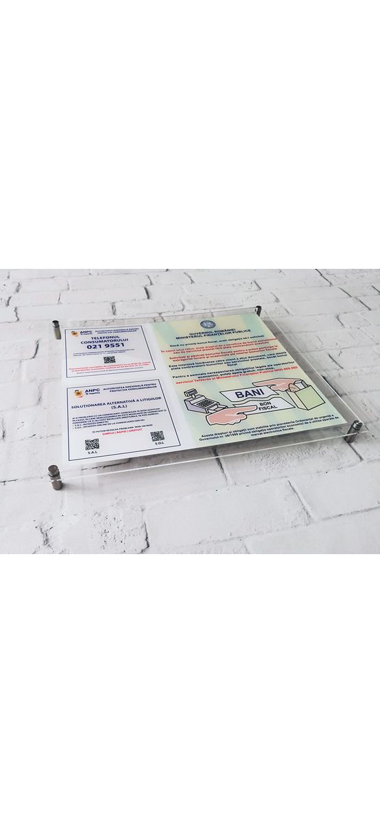 Plăcuță obligatorie cu măsuri de informare a consumatorilor, ANPC și bon fiscal, din acril transparent, 43x37 cm, distanțiere incluse