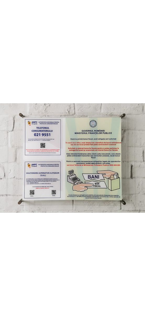 Plăcuță obligatorie cu măsuri de informare a consumatorilor, ANPC și bon fiscal, din acril transparent, 43x37 cm, distanțiere incluse