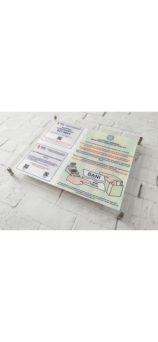 Plăcuță obligatorie cu măsuri de informare a consumatorilor, ANPC și bon fiscal, din acril transparent, 43x37 cm, distanțiere incluse