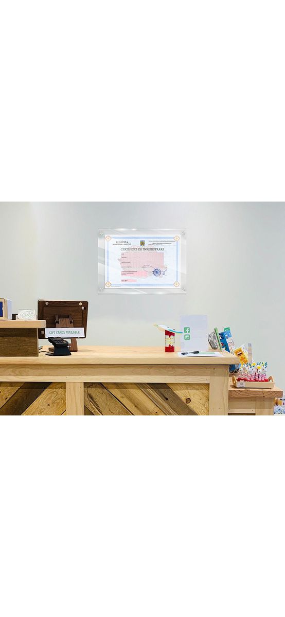Plăcuță personalizată cu Certificatul de înregistrare pentru firme, din acril transparent, 35x25 cm, distanțiere incluse