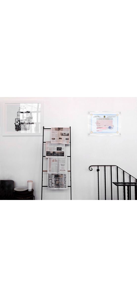 Plăcuță personalizată cu Certificatul de înregistrare pentru firme, din acril transparent, 35x25 cm, distanțiere incluse
