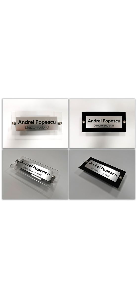 Plăcuță personalizată din bond gravat pe suport din plexiglass, cu text personalizat