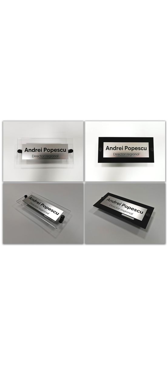 Plăcuță personalizată din bond gravat pe suport din plexiglass, cu text personalizat