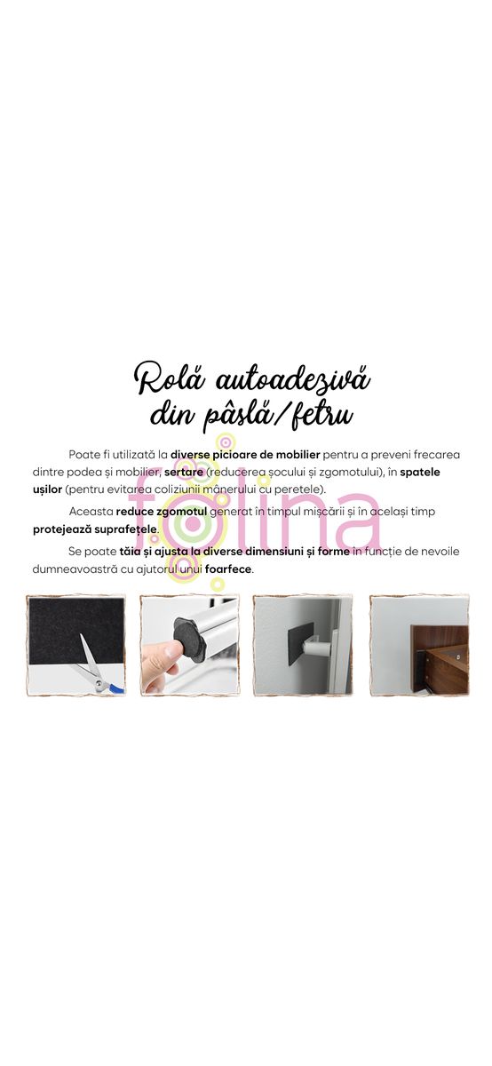 Pâslă autoadezivă, fetru autoadeziv, culoarea neagră, pentru protecție suprafețe, rolă de 20x100 cm