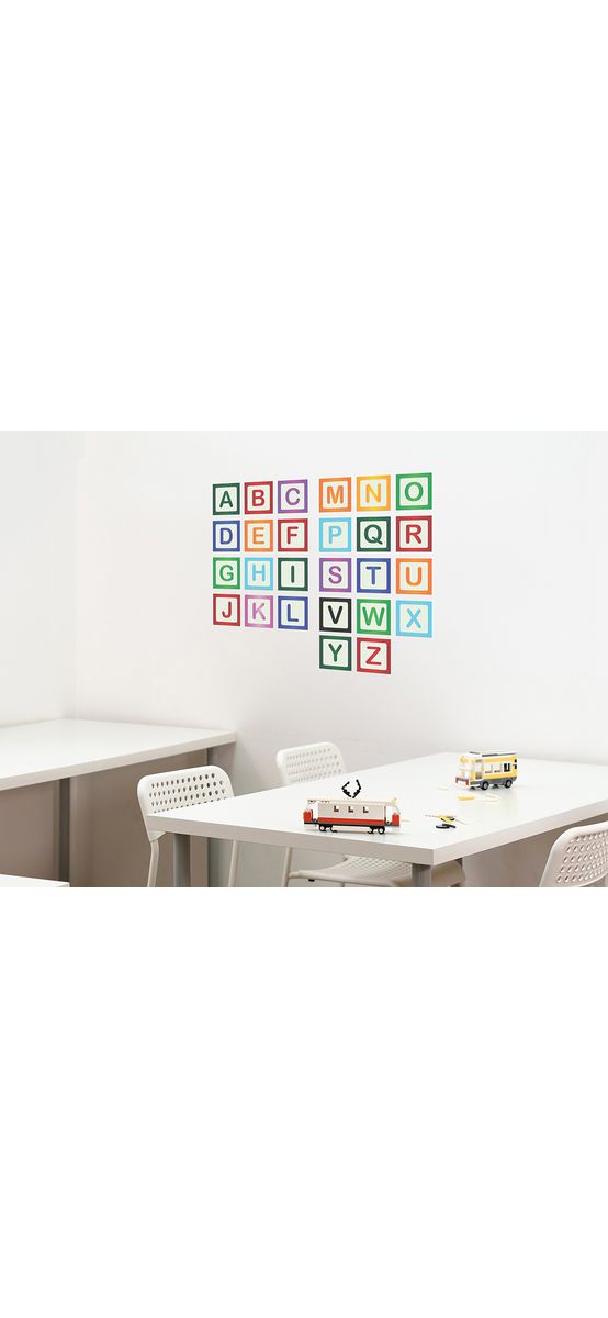 Sticker Alfabet, Folina, model litere în pătrate, multicolor, decoraţiune pentru şcoli şi grădiniţe, planșă mare de 100x85 cm, racletă de aplicare inclusă