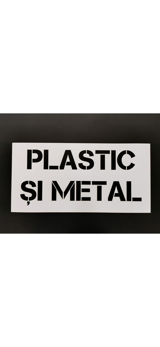Șablon reutilizabil cu mesajul Plastic și metal pentru colectarea selectivă a deșeurilor pentru containere, tomberoane și pubele, dimensiune la comandă