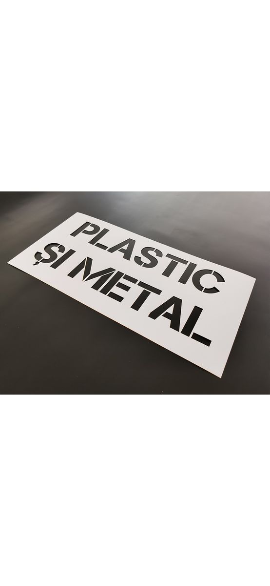 Șablon reutilizabil cu mesajul Plastic și metal pentru colectarea selectivă a deșeurilor pentru containere, tomberoane și pubele, dimensiune la comandă