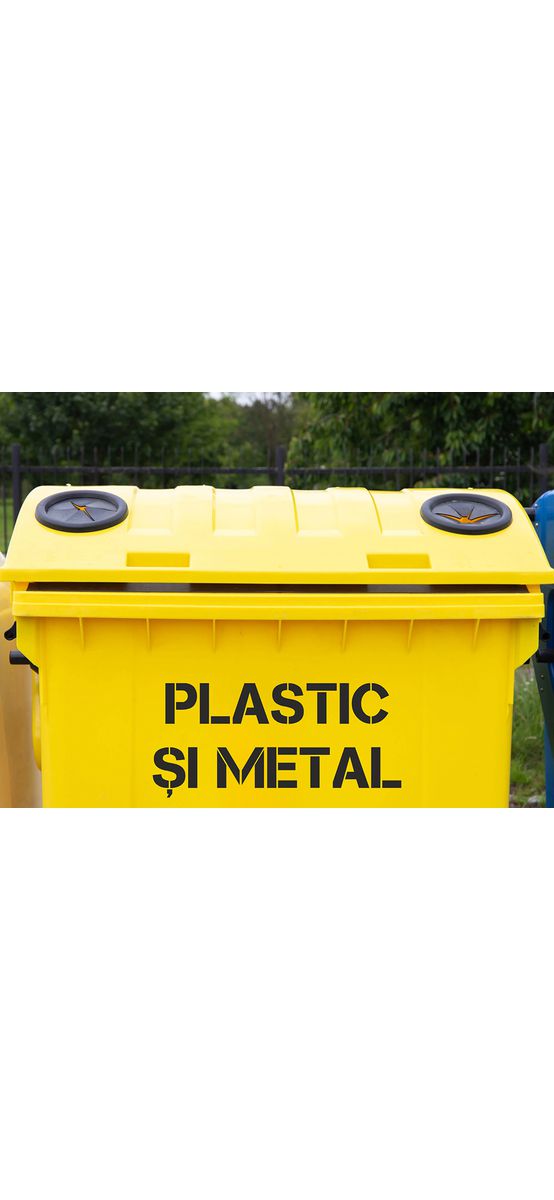 Șablon reutilizabil cu mesajul Plastic și metal pentru colectarea selectivă a deșeurilor pentru containere, tomberoane și pubele, dimensiune la comandă