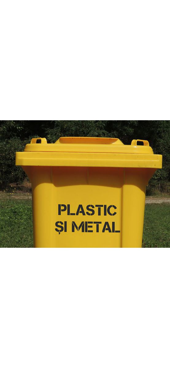 Șablon reutilizabil cu mesajul Plastic și metal pentru colectarea selectivă a deșeurilor pentru containere, tomberoane și pubele, dimensiune la comandă