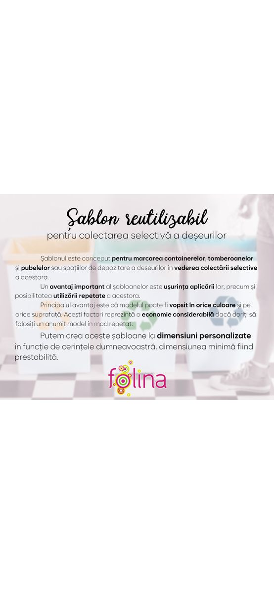 Șablon reutilizabil cu simbolul și mesajul Reciclează pentru colectarea selectivă a deșeurilor pentru containere, tomberoane și pubele, dimensiune la comandă