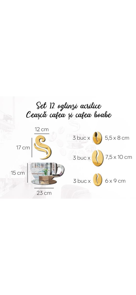 Decoraţiune perete bucătărie, Ceașcă și boabe cafea, set 12 oglinzi acrilice argintii şi aurii