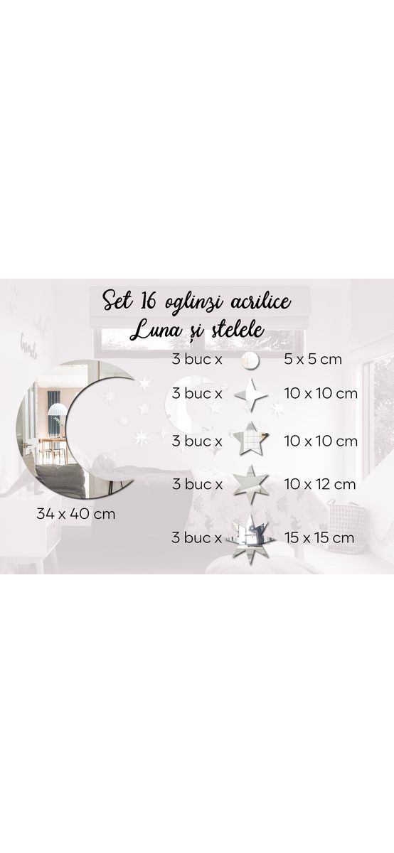 Set 16 piese oglindă acrilică argintie Luna și stelele