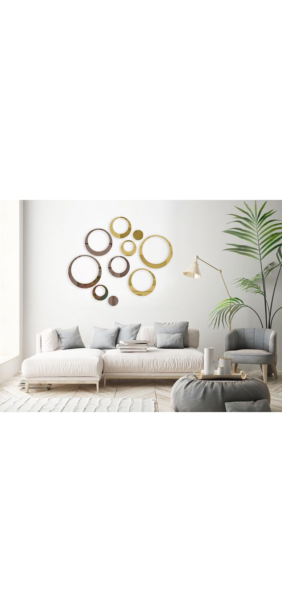 Set 10 stickere oglindă cercuri, Folina, decoraţiune perete din oglindă acrilică bronz şi aurie
