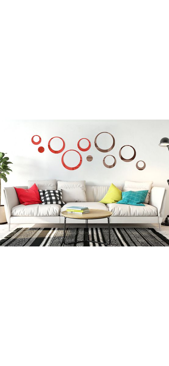 Set 10 stickere oglindă cercuri, Folina, decoraţiune perete din oglindă acrilică roşie şi bronz