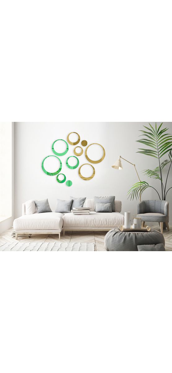 Set 10 stickere oglindă cercuri, Folina, decoraţiune perete din oglindă acrilică verde şi aurie