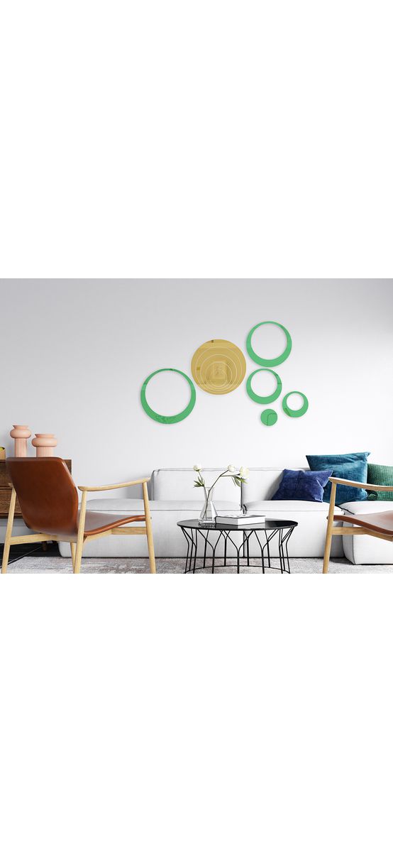 Set 10 stickere oglindă cercuri, Folina, decoraţiune perete din oglindă acrilică verde şi aurie