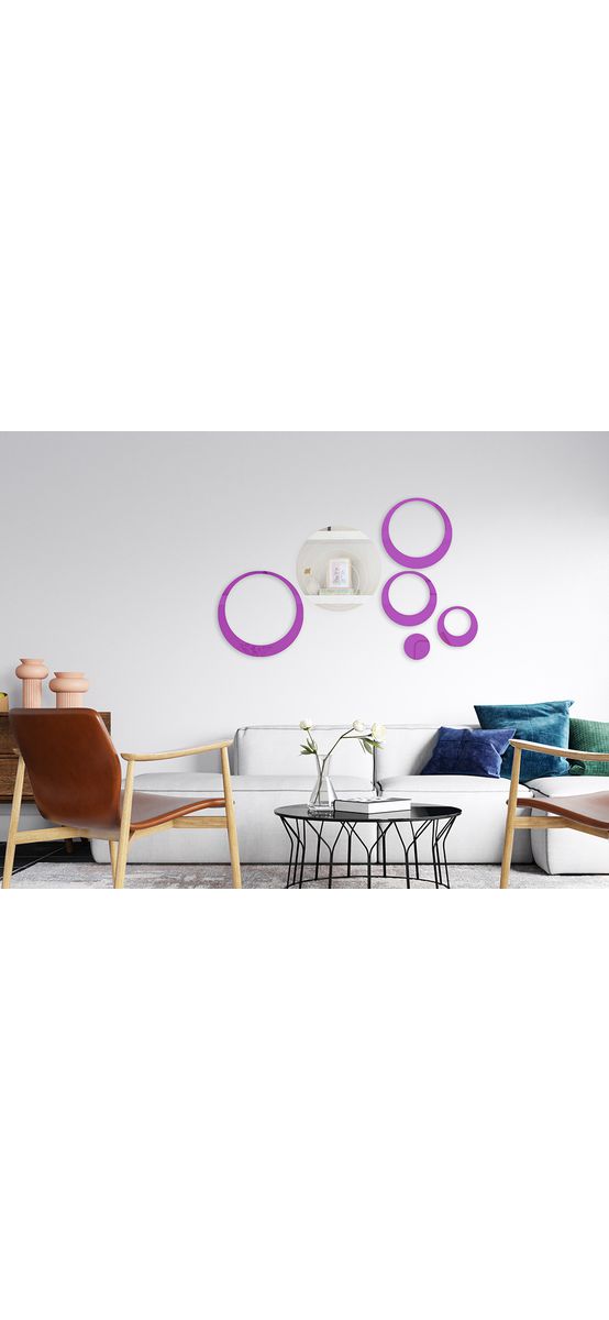 Set 10 stickere oglindă cercuri, Folina, decoraţiune perete din oglindă acrilică argintie şi mov