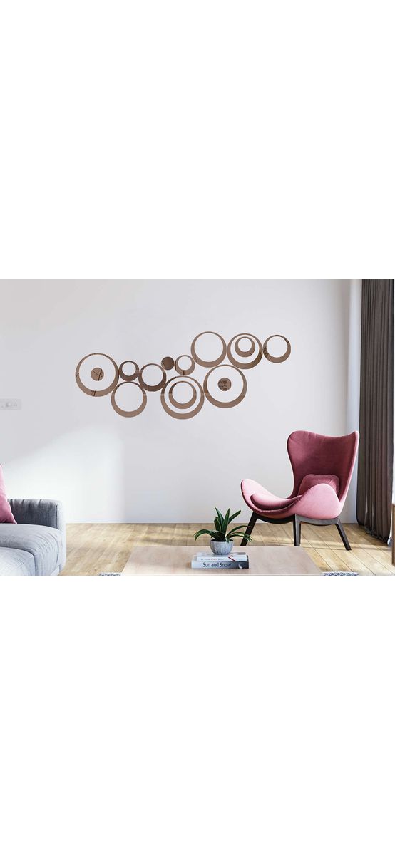 Set 15 stickere oglindă cercuri, Folina, decoraţiune perete din oglindă acrilică bronz