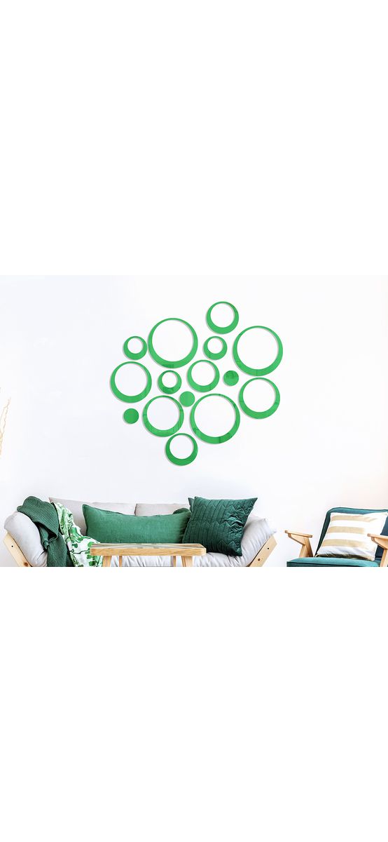 Set 15 stickere oglindă cercuri, Folina, decoraţiune perete din oglindă acrilică verde