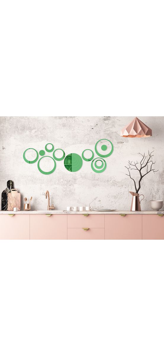Set 15 stickere oglindă cercuri, Folina, decoraţiune perete din oglindă acrilică verde