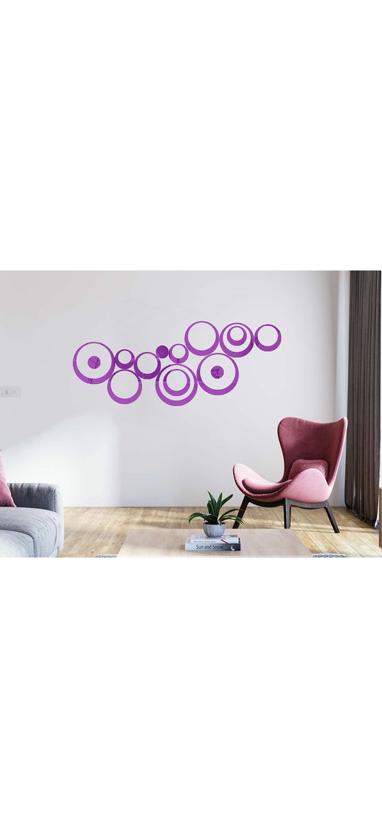 Set 15 stickere oglindă cercuri, Folina, decoraţiune perete din oglindă acrilică mov