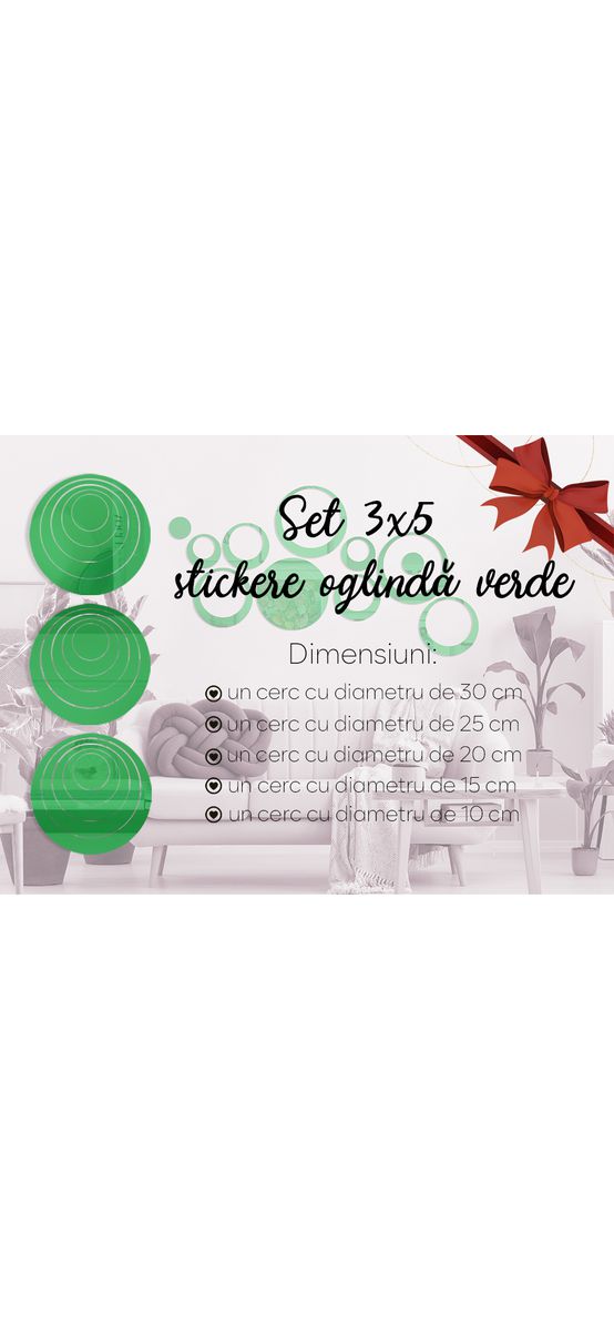 Set 15 stickere oglindă cercuri, Folina, decoraţiune perete din oglindă acrilică verde