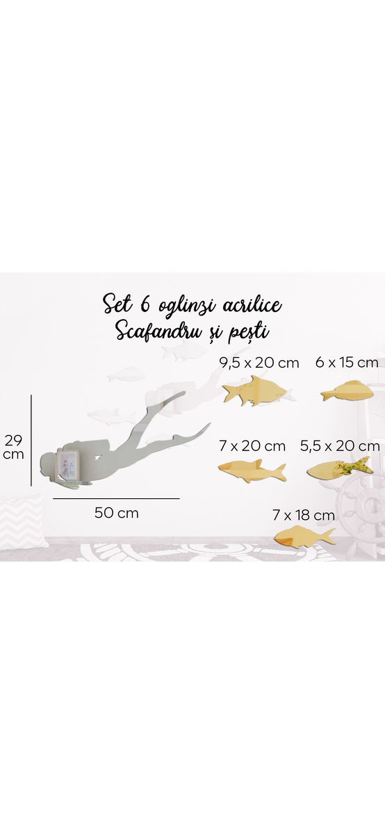 Set 6 piese oglindă acrilică argintie și aurie Scafandru și pești