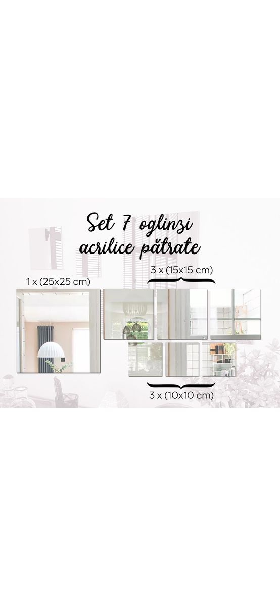 Set 7 oglinzi acrilice, în formă de pătrate, argintii