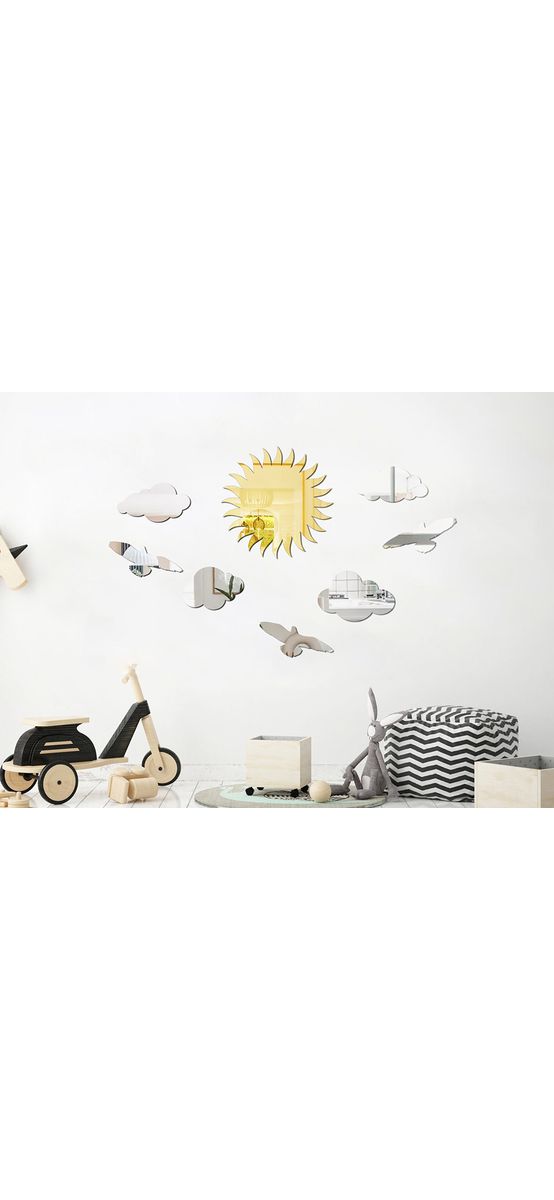 Set 8 stickere oglindă, decoraţiune perete cu soare, nori şi păsări, din oglindă acrilică aurie şi argintie