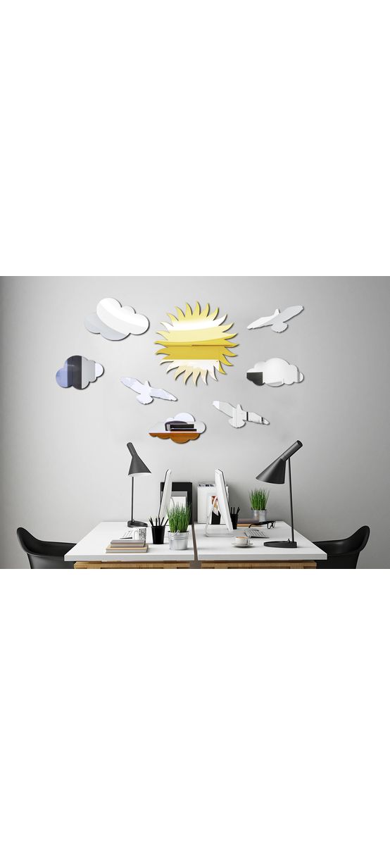 Set 8 stickere oglindă, decoraţiune perete cu soare, nori şi păsări, din oglindă acrilică aurie şi argintie