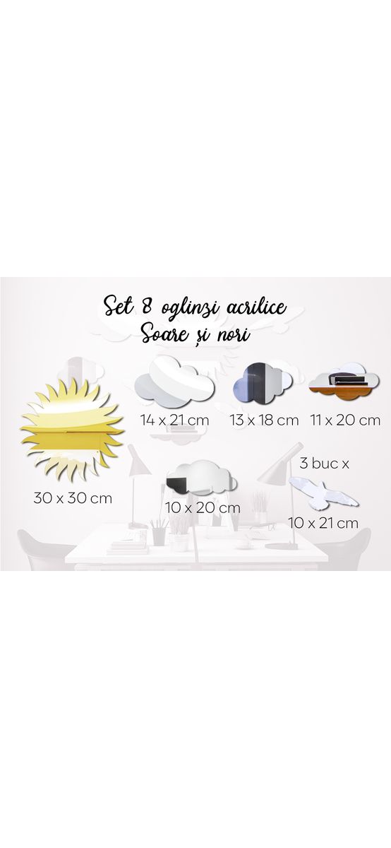 Set 8 stickere oglindă, decoraţiune perete cu soare, nori şi păsări, din oglindă acrilică aurie şi argintie